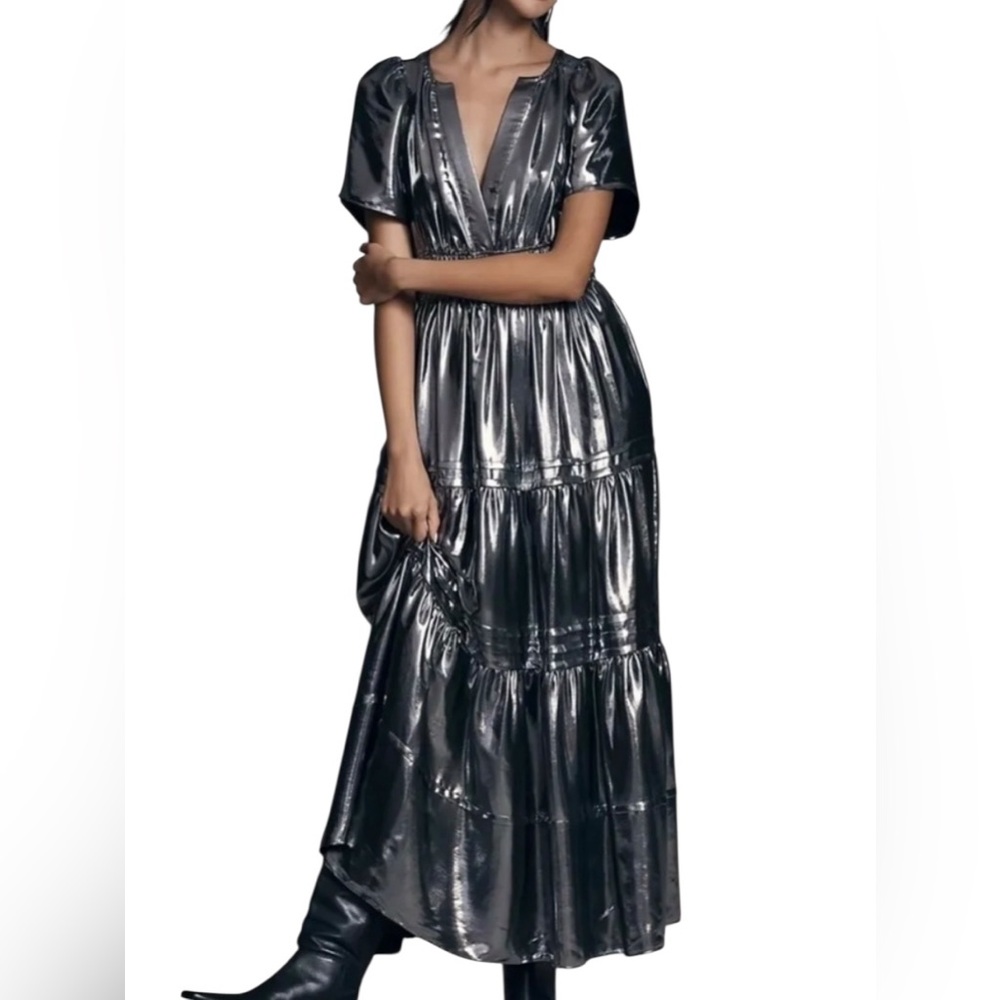 NWT By Anthropologie Somerset Metallic Silver Foil Flutter Sleeve Maxi Dress